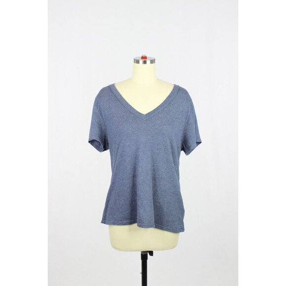NATION LTD Nina Blue Slubbed Cotton Jersey V-Neck Vintage T-Shirt Top, Size L - Picture 1 of 10